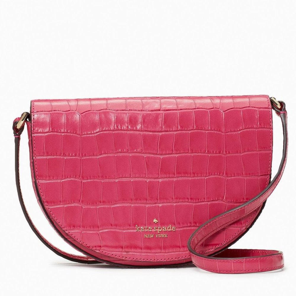 New Kate Spade Luna Crescent Crossbody Croco Embossed Leather Festive Pink